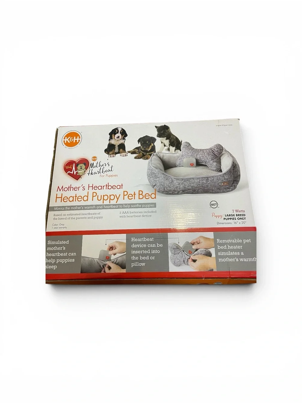 K&H Pet Products Mother’s Heartbeat Heated Bolster Puppy Bed, large breed